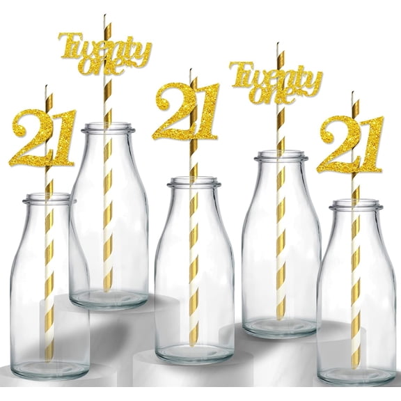Happy 21st Birthday Straws, Gold Glitter 21 Years Old Paper Straws, 21st Anniversary/Birthday Party Drinking Decorative Straws - 12pcs