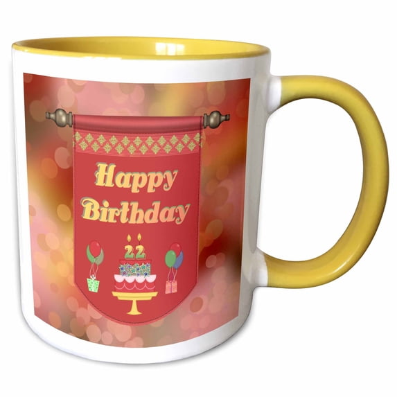 3drose, Happy 22nd Birthday Banner, Cake with Gifts and Balloons, 11oz Two-tone Yellow Mug