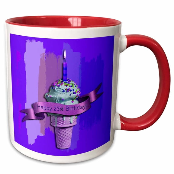 3drose, Happy 23rd Birthday, Ice Cream Cone on Abstract, Purple, 15oz Two-tone Red Mug