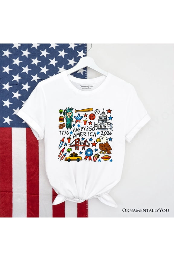 Happy 250 America Doodle T-Shirt, Patriotic USA 1776-2026 250th Anniversary Tee