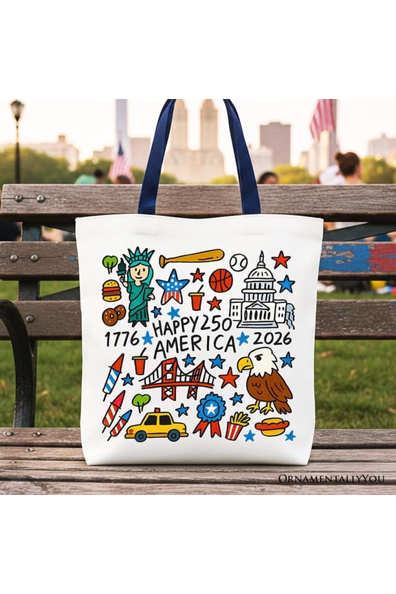 Happy 250 America Doodle Tote Bag, Patriotic USA 1776-2026 250th Anniversary Gift Shopper