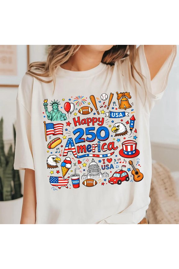 Happy 250 America T-Shirt Patriotic USA Graphic Tee Independence Day 1776-2026 Celebration Shirt Colorful Doodle Design Unisex Tee S-5XL