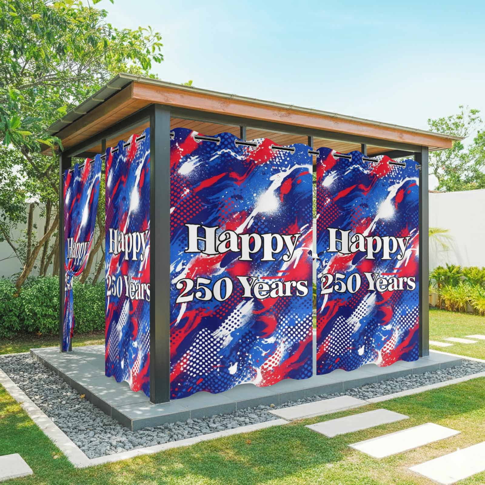 Happy 250 Years Outdoor Curtains for Patio, Independence Day Blue Red White Splash Polka Dots Sunshade Privacy Drapes Grommet Waterproof Outside Curtains for Porch/Cabana/Balcony 54"x 108", 1 Panel