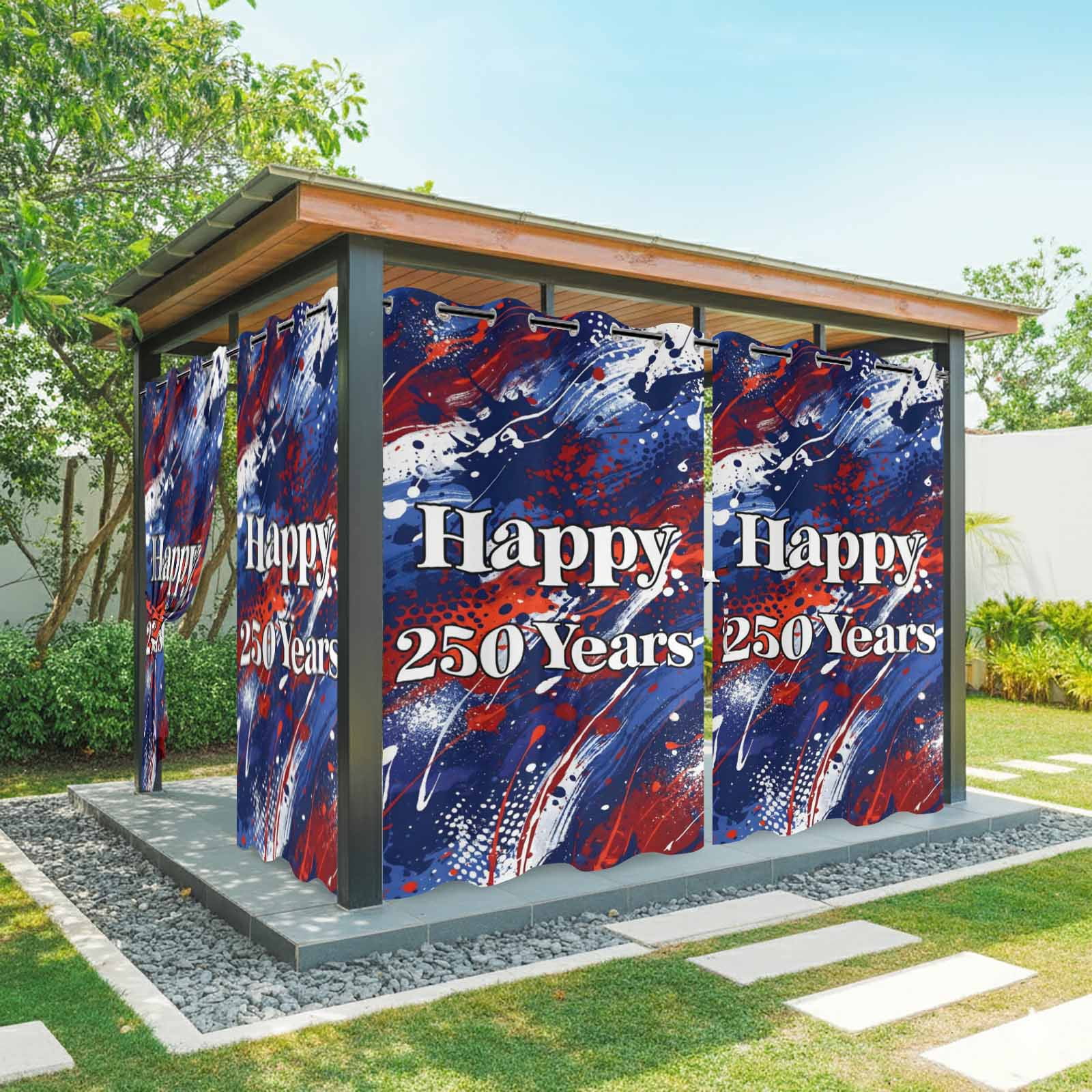 Happy 250 Years Outdoor Curtains for Patio, Independence Day Blue Red White Splash Sunshade Privacy Drapes Grommet Waterproof Outside Curtains for Porch/Cabana/Balcony 54"x 108", 1 Panel