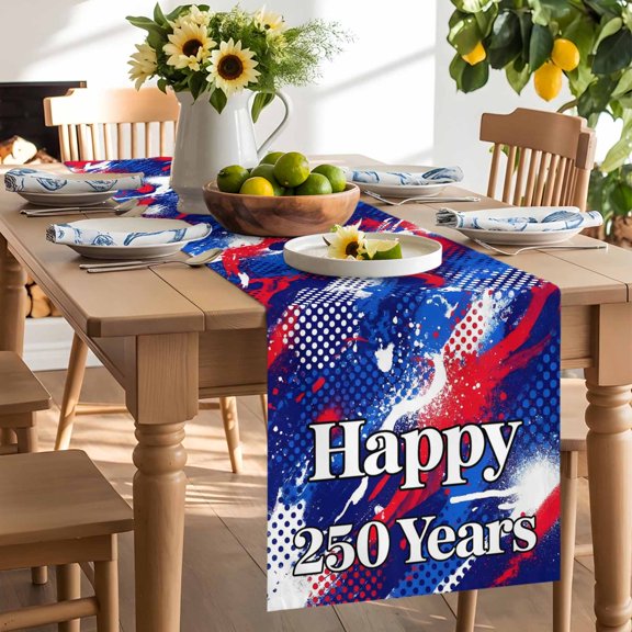 Happy 250 Years Table Runner, Independence Day Blue Red White Splash Polka Dots Washable Kitchen Table Runners Dress Scarves for Dining Table Decorations Party/Restaurant/Indoor Outdoor Use, 13x36in