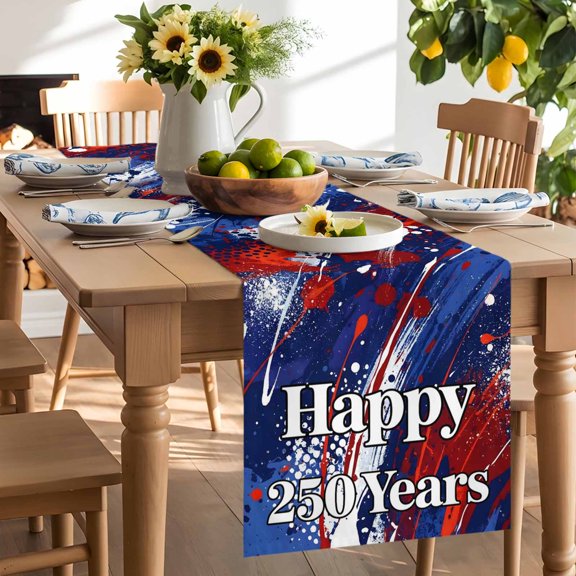 Happy 250 Years Table Runner, Independence Day Blue Red White Splash Washable Kitchen Table Runners Dress Scarves for Dining Table Decorations Party/Restaurant/Indoor Outdoor Use, 13x36in