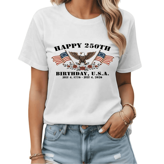 Happy 250th Birthday USA 1776-2026 Patriotic Eagle Graphic Tees Womans Tshirt Shirts Black White S-5XL Tops