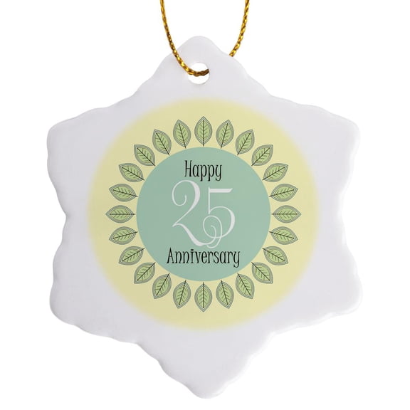 3drose, Happy 25th Anniversary- Circular Design with Leaves in Pastel Colors, 3 inch Snowflake Porcelain Ornament