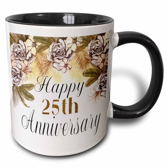 3drose, Happy 25th Anniversary Pretty Boho Floral, 11oz Two-tone Black Mug