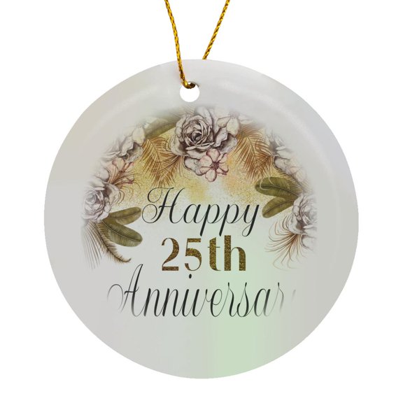 3drose, Happy 25th Anniversary Pretty Boho Floral, Circle Porcelain Ornament