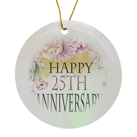 3drose, Happy 25th Anniversary Pretty Pink and Beige Floral, Circle Porcelain Ornament