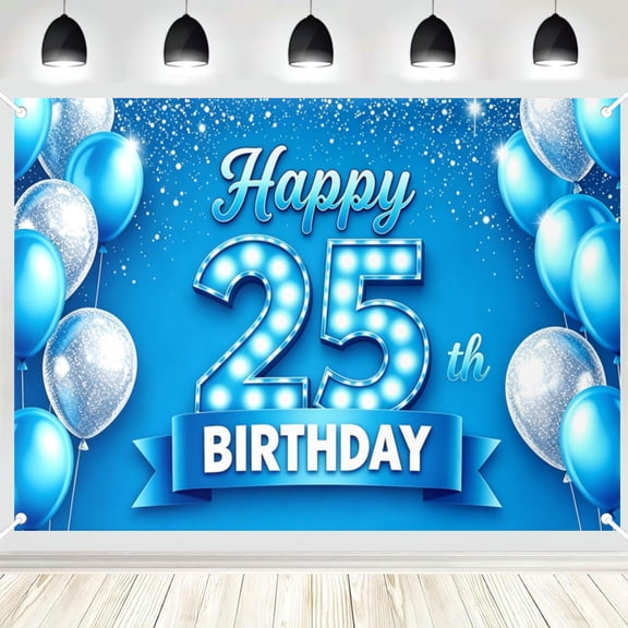 Happy 25th Birthday Blue Banner Backdrop Cheers to 25 Years Old Confetti Balloons Theme Decor for Birthday Party Bday Supplies Photo Background Favors Glitter 5x7ft