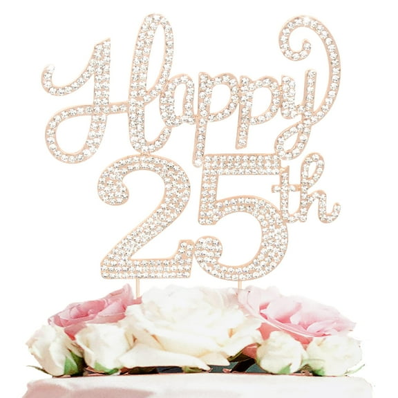 LASKYER 25th Birthday Party Decorations,Happy 25th Gold Rhinestone Cake Topper Centerpieces - Cheers to 25 Years Old Bday Anniversary Party.