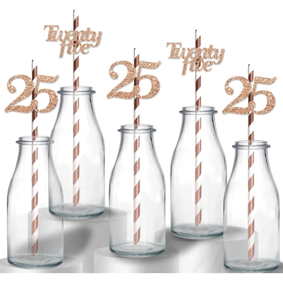 Happy 25th Birthday Straws, Rose Gold Glitter 25 Years Old Birthday Paper Straws, Number Twenty Five Cut Out for 25th Anniversary/Birthday Party Drinking Decorative Straws - 12pcs