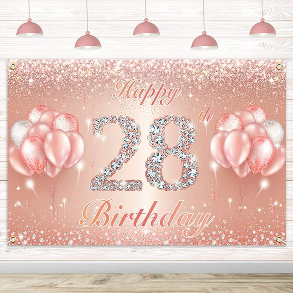 Happy 28th Birthday Banner Backdrop - 28 Birthday Party Decorations Supplies for Women or Men - Rose Gold