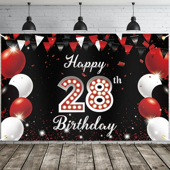Happy 28th Birthday Banner, Red Black Happy 28th Birthday Party Decorations for Men Women, 28 Year Old Birthday Supplies Backdrop Décor
