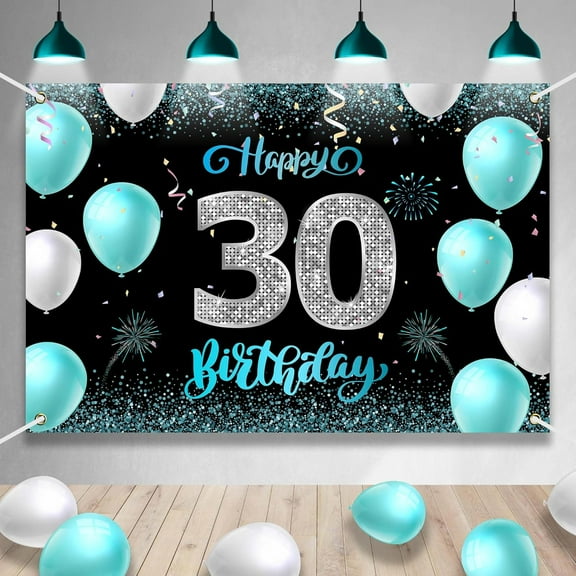 Happy 30th Birthday Backdrop Banner Black and Light Blue Balloon Background Shiny Fashion Birthday Party Photo Photography Prop Booth Background for Men Women Celebration