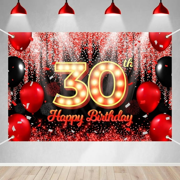 Happy 30th Birthday Backdrop Banner Black and Red Theme Background with Neon Shiny Fashion Birthday Party Photo Photography Prop Booth Background for Men Women Celebration
