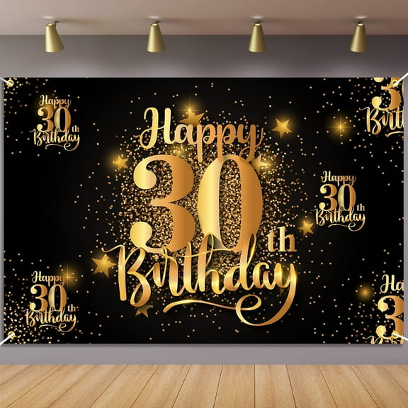 Happy 30th Birthday Backdrop Banner Step and Repeat 30 Years Old Background Decorations for Women Men Her Him Photography Party Supplies Black Gold