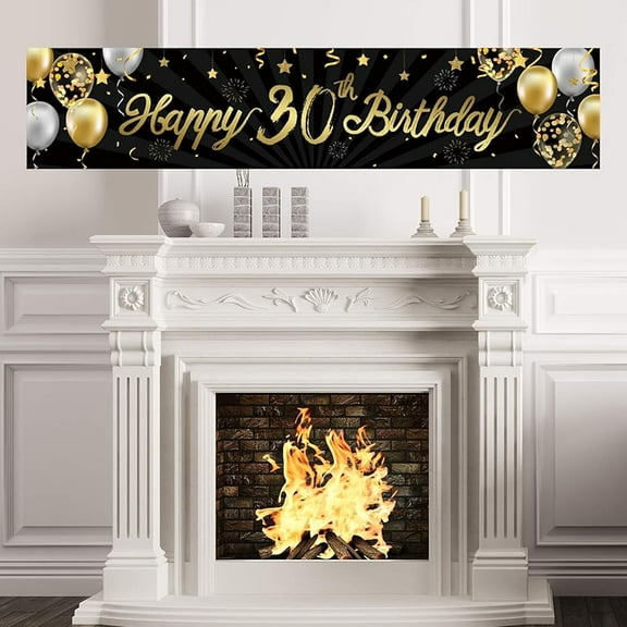 Happy 30th Birthday Banner for Men Women Sign Black Gold Glitter 90 Years Old Birthday Party Decorations Supplies Anniversary Celebration Backdrop
