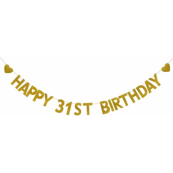 Happy 31ST Birthday Banner, Pre-Strung, Gold Glitter Paper Garlands for 31st Birthday Party Decoratiopns Supplies, Letters Gold