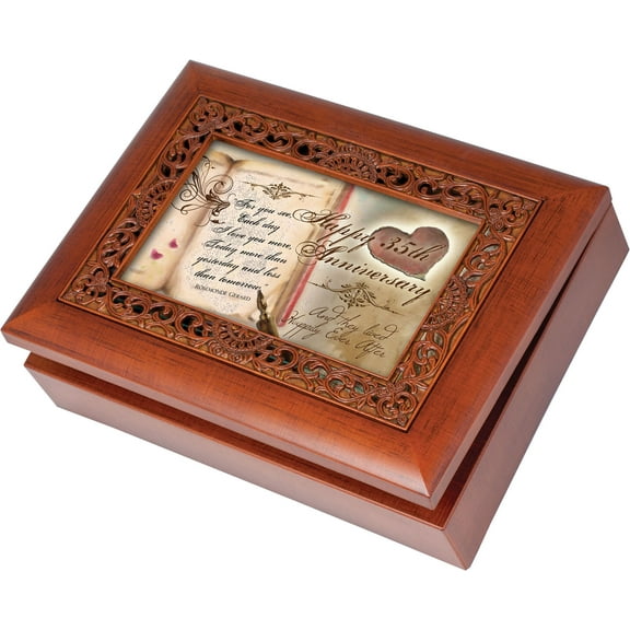 Happy 35th Anniversary Woodgrain Inlay Jewelry Music Box Plays You Light Up My Life