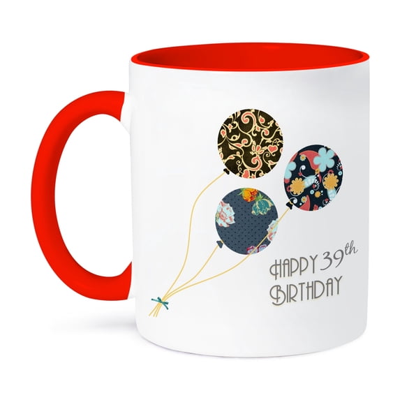 3dRose, Happy 39th Birthday - Modern stylish floral Balloons. Elegant black brown blue 39 year old Bday, 11oz Two-Tone Red Mug