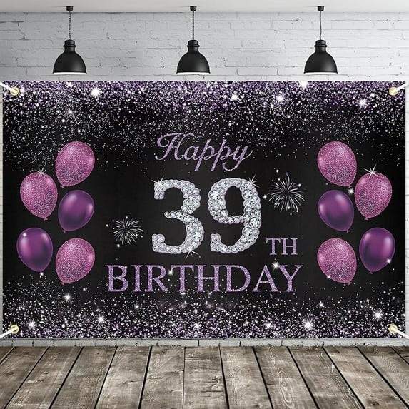 Happy 39th Birthday Banner, Purple Happy 39th Birthday Party Decorations for Girls, 39 Year Old Birthday Supplies Backdrop Décor, 5.9 X 3.8 Fts
