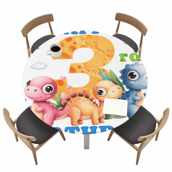 Happy 3rd Birthday Round Fitted Tablecloth with Elastic Edge Cartoon Pink Yellow Blue Dinosaurs Floral Table Cover Fit for 45"-54" Tables Waterproof Tablecloths for Dinner Camping Picnic