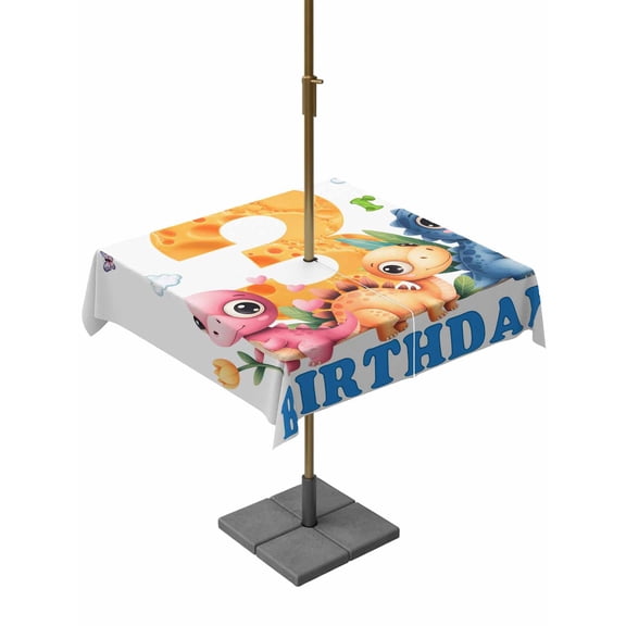 Happy 3rd Birthday Square Outdoor Tablecloth with Umbrella Hole Cartoon Pink Yellow Blue Dinosaurs Floral 54x54 Inch Waterproof Table Cover Zippered Table Cloth for Garden Patio