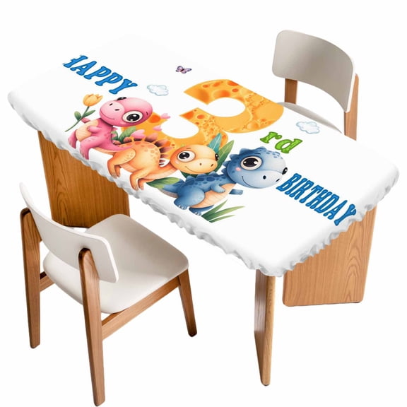 Happy 3rd Birthday Table Cloths for 3 Foot Rectangle Tables, Cartoon Cute Pink Yellow Blue Dinosaurs Floral Patio Waterproof Elastic Fitted Tablecloths, Washable Rectangular Table Cover for Camping
