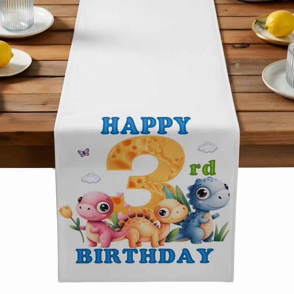 Happy 3rd Birthday Table Runner, Cartoon Pink Yellow Blue Dinosaurs Floral Washable Kitchen Table Runners Dress Scarves for Dining Table Decorations Party, 13x120in