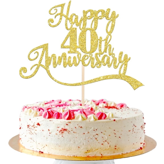 Happy 40th Anniversary Cake Topper, Gold Glitter Cursive Ribbon Script Cake Pick for Ruby Wedding Anniversary Party Cake Decorations, 1 Pack