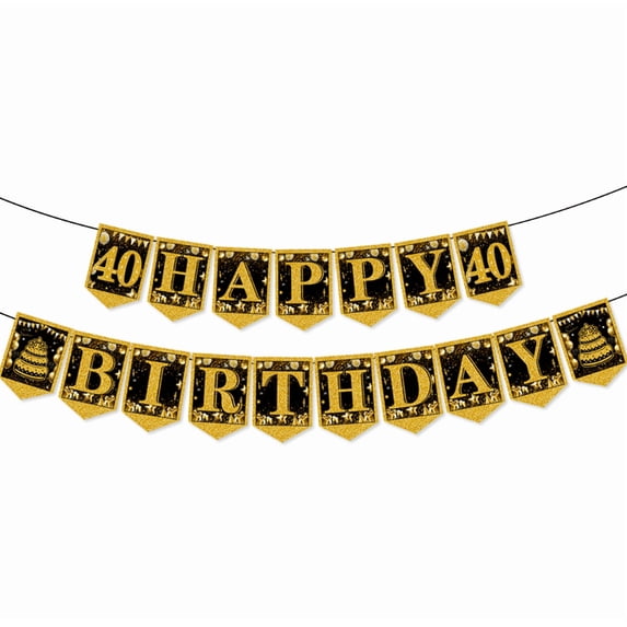 Happy 40th Birthday Banner, Black and Gold, Party Decoration, Bunting Garland