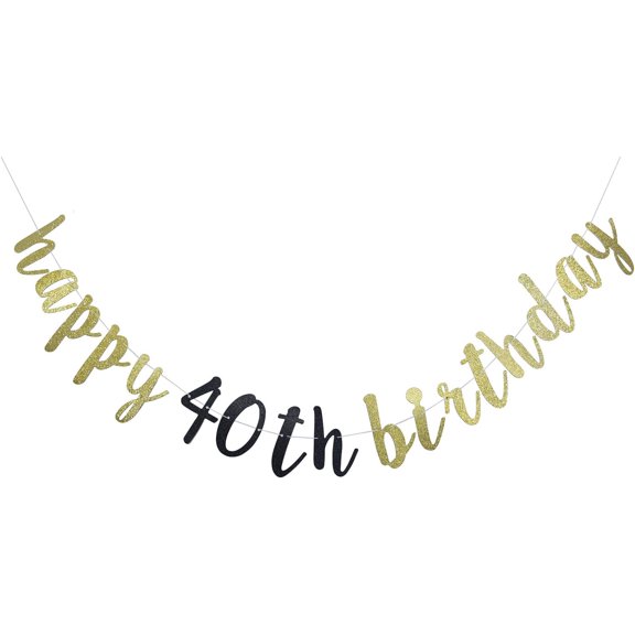 Happy 40th Birthday Banner for 40th Birthday Party Pre-Strung Decorations (Gold & Black Glitter)