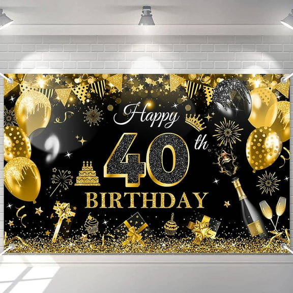 Happy 40th Birthday Banner for Men Black and Gold Glitter Balloon 40 Birthday Party Backdrop 40 Year Old Bday Photography Background Party Supplies