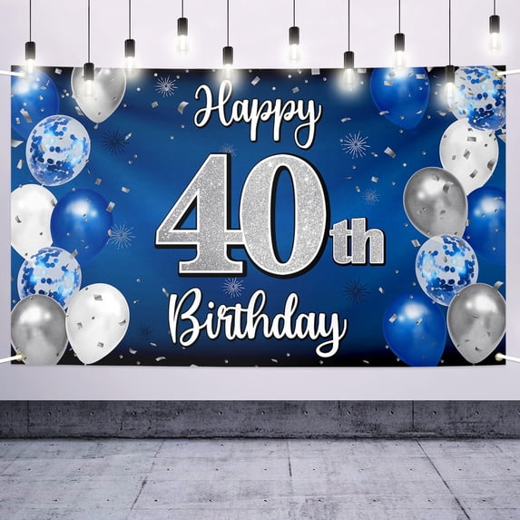 Happy 40th Birthday Decorations,40th Blue & Silver Balloon Large Birthday Banner Backdrop