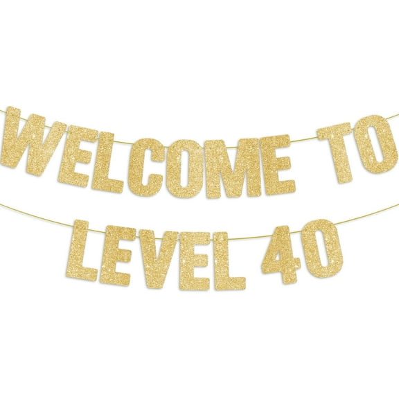 Happy 40th Birthday Decorations for Men, Pre-Strung WELCOME TO LEVEL 40 Gold Glitter Banner, 40 Year Old Party Sign for Women