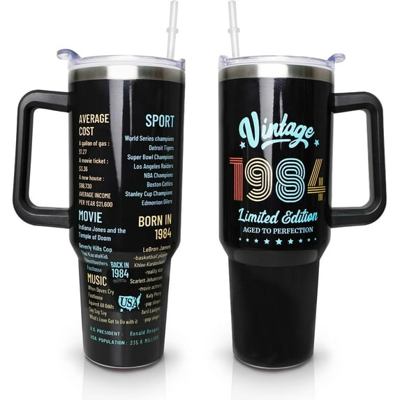 Happy 40th Birthday Gifts for Men Women, 40 oz Tumbler with Handle and Straw Lid, 40 Years Old Gifts Idea for Him Her, Forty Birthday Present Back in 1984 Tumbler Cup