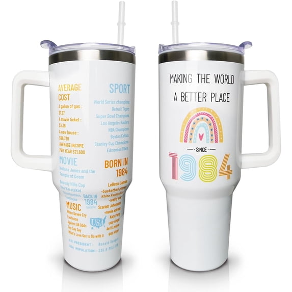 Happy 40th Birthday Gifts for Women, 40 oz Tumbler with Handle and Straw Lid, 40 Years Old Gifts Idea for Her, Forty Birthday Present Back in 1984 Tumbler Cup(White)