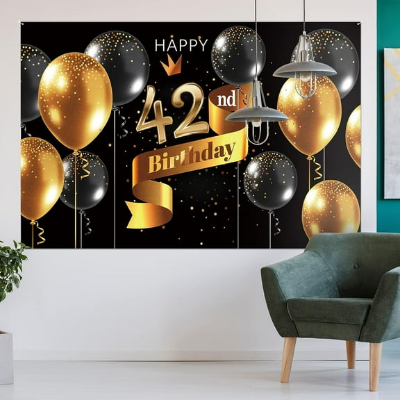 Happy 42nd Birthday Backdrop Banner - 42 Birthday Party Decorations Supplies for Men - Black Gold