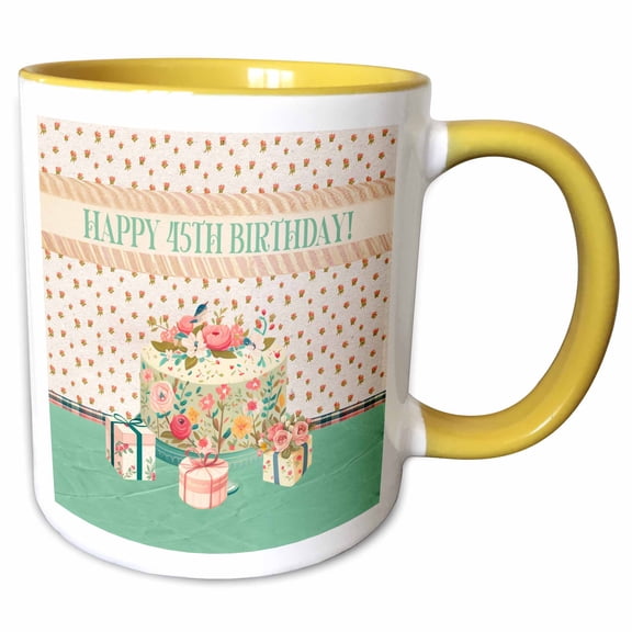 3drose, Happy 45th Birthday, Bird in Flower Garden Cake, Gifts, Pastels, 11oz Two-tone Yellow Mug