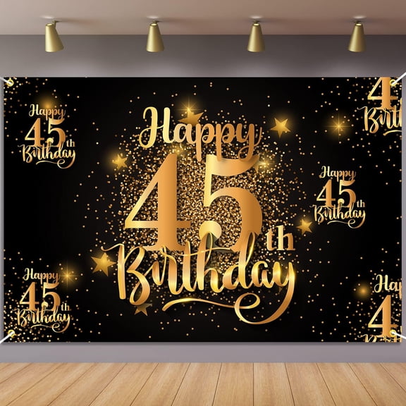 Happy 45th Birthday Backdrop Banner Step and Repeat 45 Years Old Background Decorations for Women Men Her Him Photography Party Supplies Black Gold