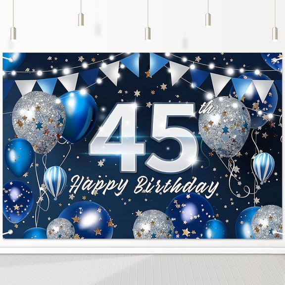 Happy 45th Birthday Banner Backdrop Navy Blue Glitter Balloons Glittering Confetti Elegant Luxury Glamorous Photo Background for Women Men Adults Party Decorations 72x43 Inch