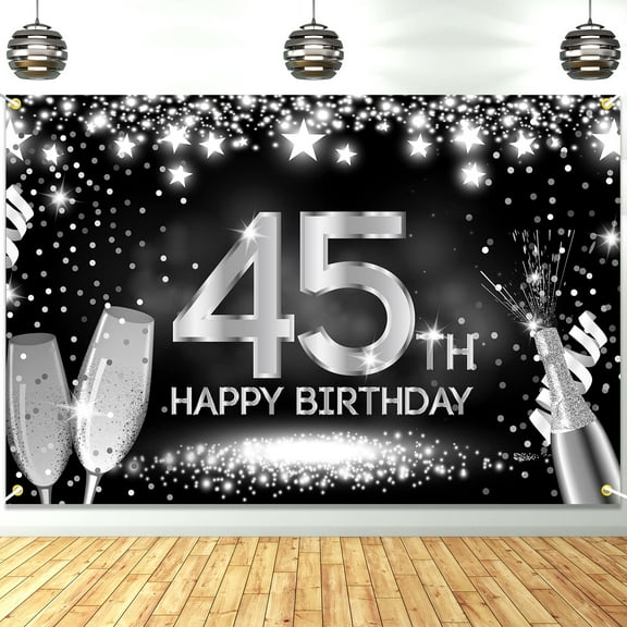 Happy 45th Birthday Banner Backdrop Silver and Black Champagne 45 Years Old Background Bday Decorations for Women Men Her Him Photography Party Supplies