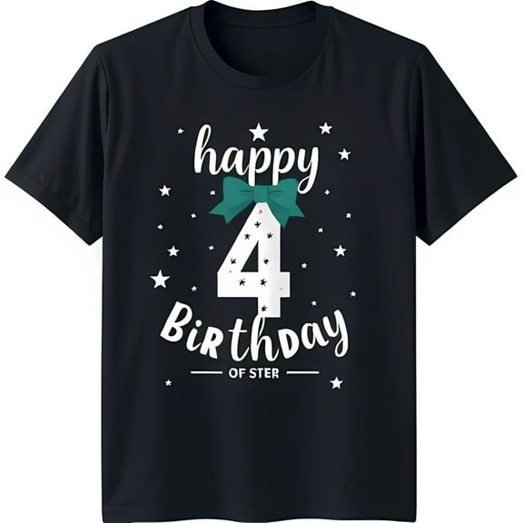 Happy 4th Birthday Black T-Shirt with Bow & Stars Graphic