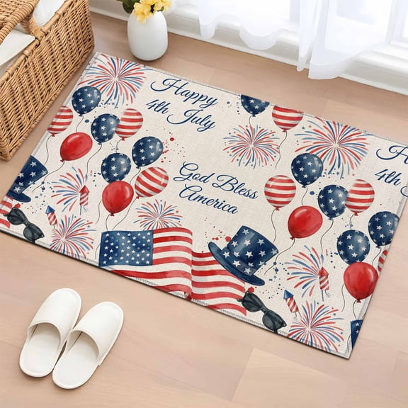 Happy 4th July 2'x3' Rug for Entryway Front Door Kitchen Sink Area, Retro God Bless American Flag Balloon Firework Top Hat Low Pile Washable Non Slip Rectangle Area Rug