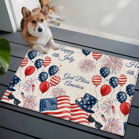 Happy 4th July 2x3 Area Rugs for Living Room, Retro God Bless American Flag Balloon Firework Top Hat Non Slip Floor Mat Washable Low-Profile Indoor Carpet for Bedroom, Dining Room, Bathroom