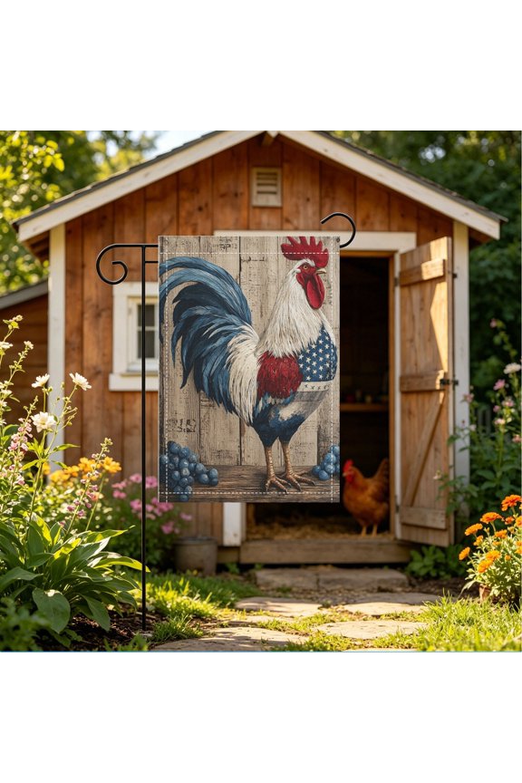 Happy 4th of July American Flag Rooster Garden Flag, Double Sided 12x18 Inch Yard Patio Decoration, Independence Day Party Decor & Holiday Gift (No Flagpole Included)