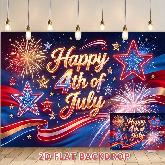 Happy 4th of July Backdrop, Patriotic Red Blue Gold Fireworks Star Banner, Photography Background for Independence Day Party, National Day Celebration, Indoor Outdoor Wall Decoration